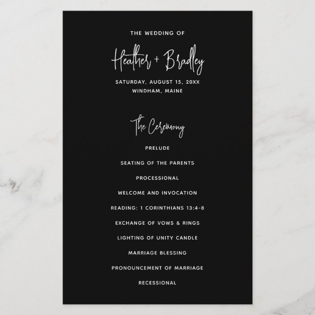 Programa de Boda Minimalista Moderno Negro Económi (Frente)