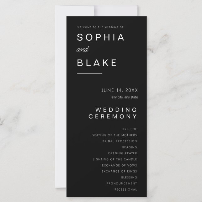 Programa de Boda Minimalista Negro Simple (Anverso)