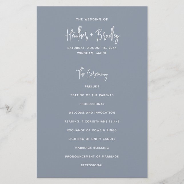 Programa de Boda Minimalista Polvoriento Azul Mode (Anverso)