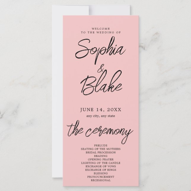 Programa de Boda Minimalista Rosa Bebé Moderno (Anverso)