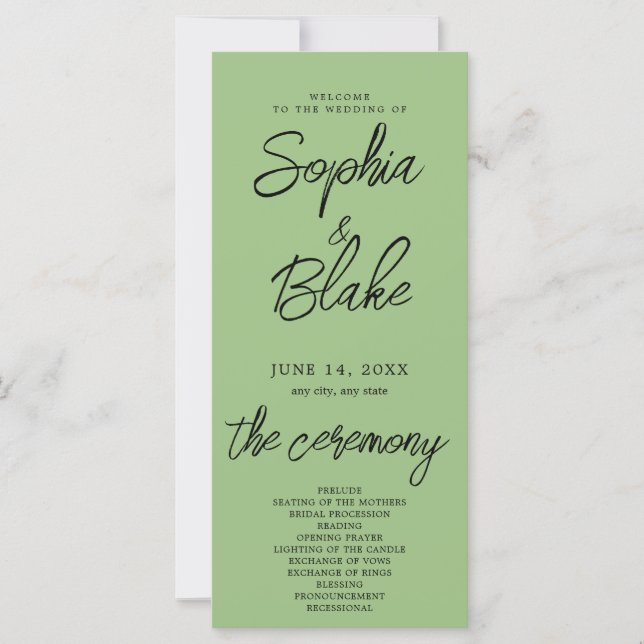 Programa de Boda Minimalista Verde Salvia Moderno (Anverso)