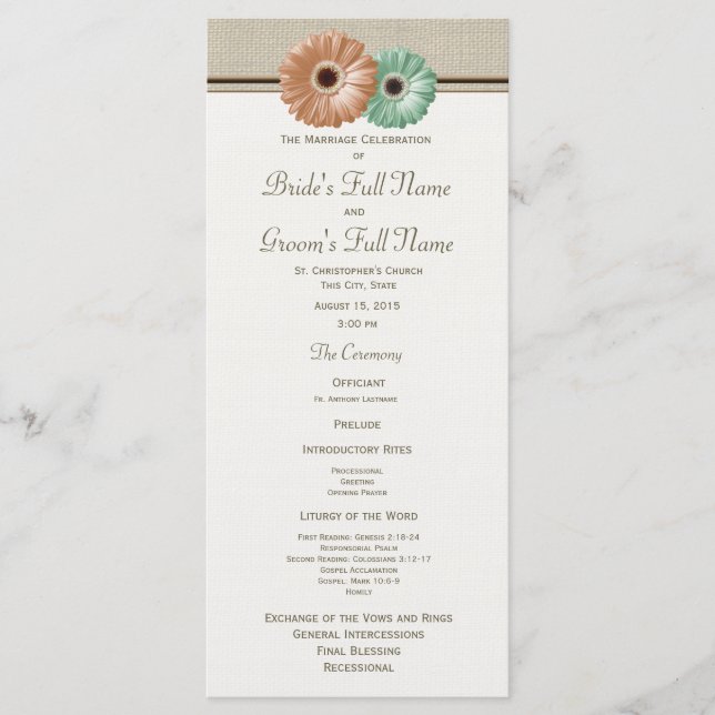 Programa de Boda Mint and Peach Gerbera Daisy (Anverso)