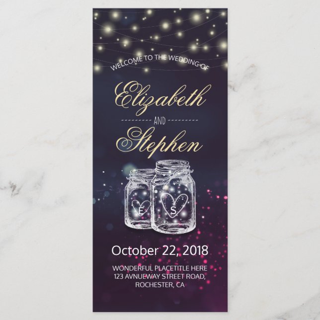 Programa de Boda Moda Mason Jar Purple String Ligh (Anverso)