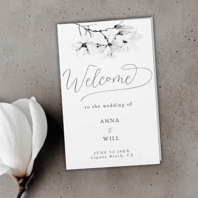 Programa de Boda Moderna Magnolia Black Classy (classic magnolia wedding program black white folded elegant modern classic)