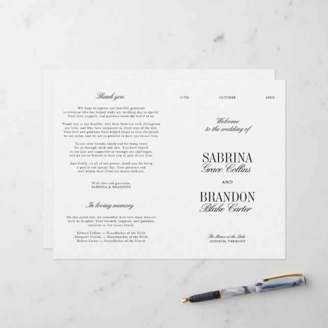 Programa de Boda Moderno Clásico en Blanco y Negro (Anverso/Reverso In Situ)