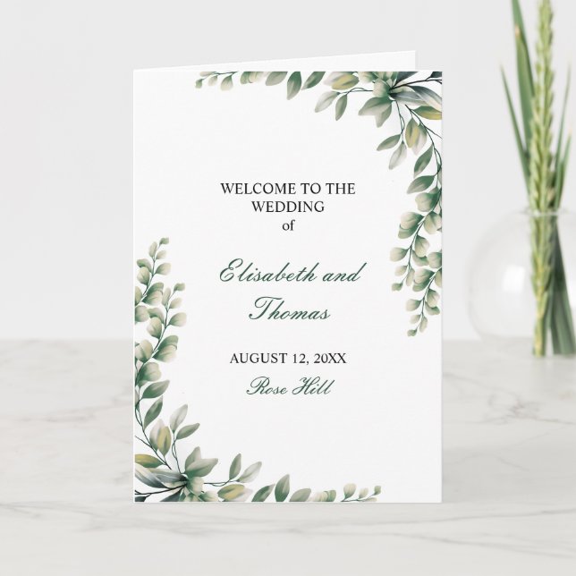 Programa de boda moderno con hojas de eucalipto (Anverso)