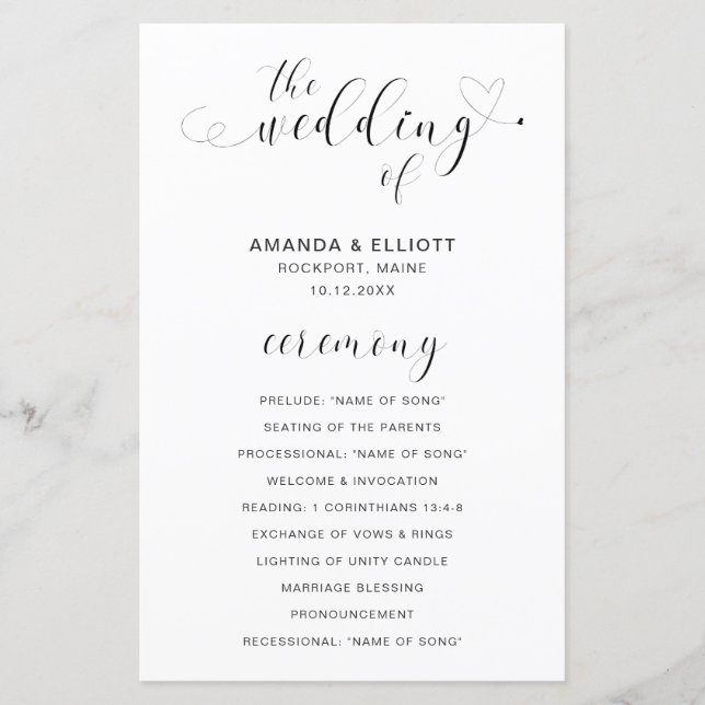 Programa de Boda Moderno Corazón en Blanco y Negro (Anverso)