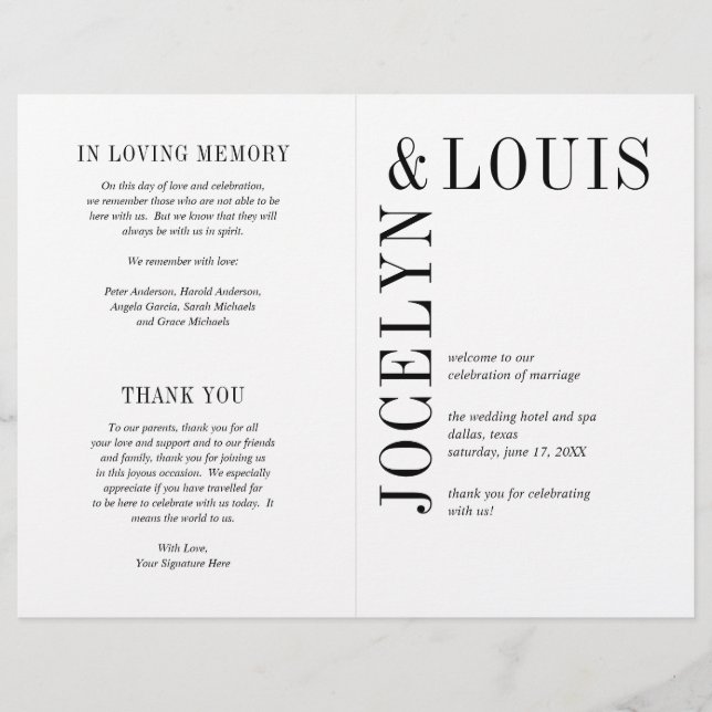 Programa de Boda Moderno en Negro y Blanco Intenso (Frente)