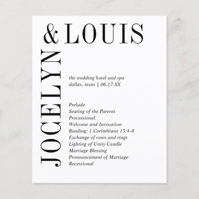 Programa de Boda Moderno en Negro y Blanco Intenso (Anverso)