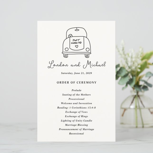 Programa de Boda Moderno Garabato de Coche Dibujad (Anverso de pie)