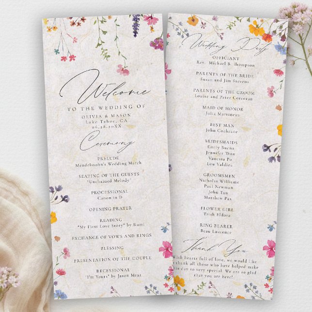 Programa de Boda Moderno Rosa Jardín de Flores Sil (wildflower wedding program watercolor garden backyard barn summer spring elegant romantic pink blush)