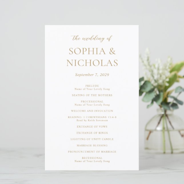 Programa de Boda Moderno Simple de Oro (Anverso de pie)