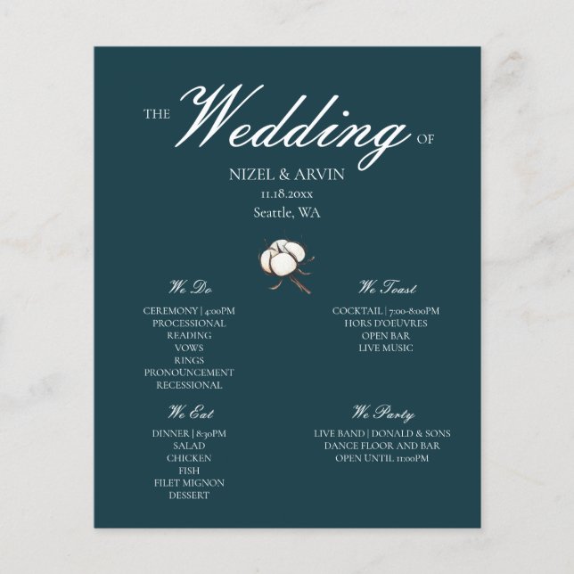 Programa de Boda Moderno y Elegante de Algodón Ver (Anverso)