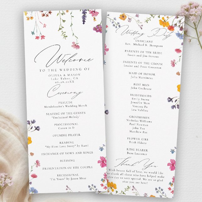 Programa de Boda Moderno y Elegante para Jardín de (wildflower wedding program watercolor garden backyard barn summer spring elegant stylish romantic)