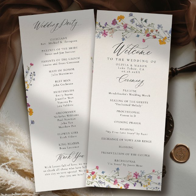 Programa de Boda Moderno y Elegante Wildflower Gra (wildflower wedding theme program romantic colorful watercolor pastel floral timeless classic)