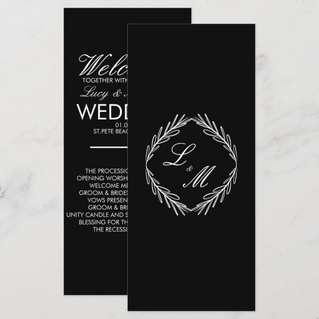 Programa de boda Monogram Script Branch negro W (Anverso / Reverso)