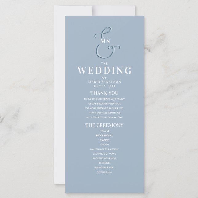 Programa de Boda Monograma Azul Polvo (Anverso)