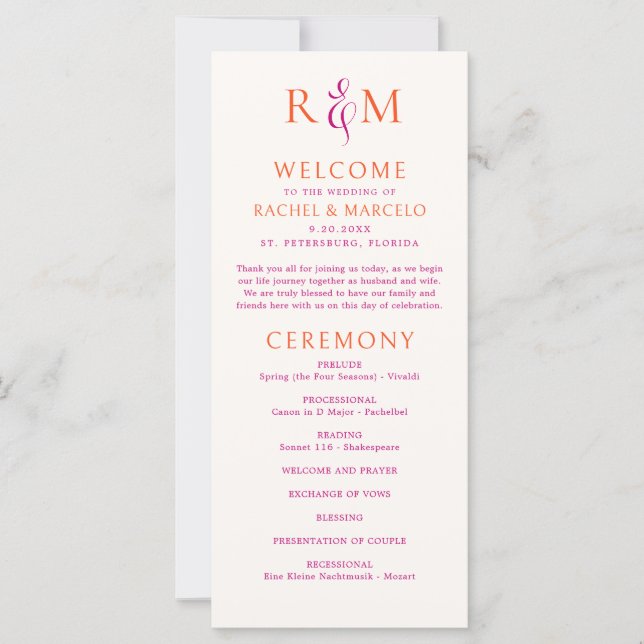 Programa de Boda Monograma Simple Naranja Rosa Bri (Anverso)