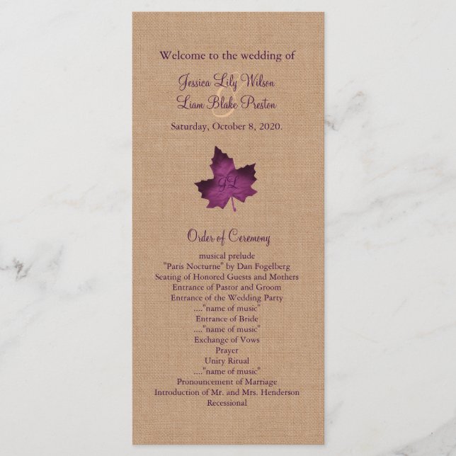 Programa de Boda Monogramada Purple Burlap (Anverso)