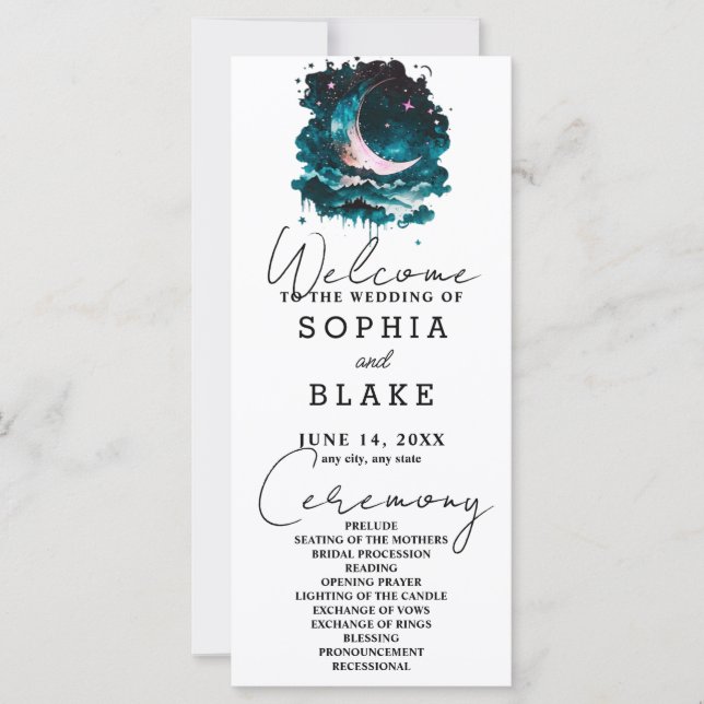 Programa de Boda Moon Rosa y Verde Crescent (Anverso)