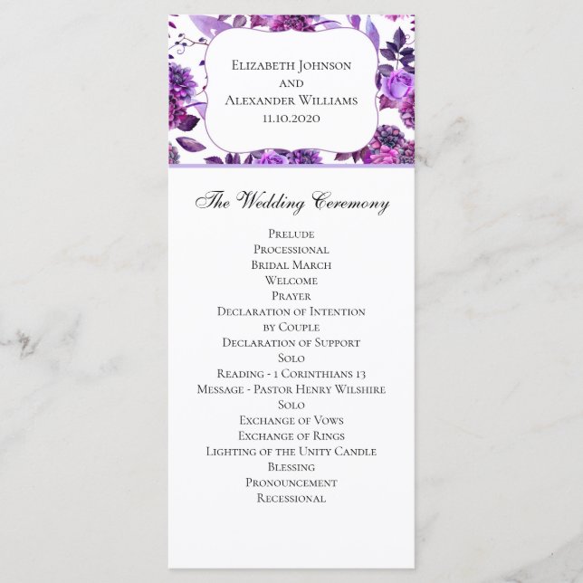 Programa de boda morado. Ceremonia floral de acuar (Anverso)
