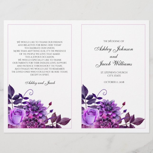 Programa de boda morado doblado. Ceremonia de igle (Anverso)