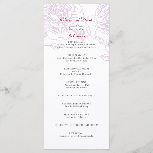 Programa de boda morado para rosas dibujados a man (Anverso)
