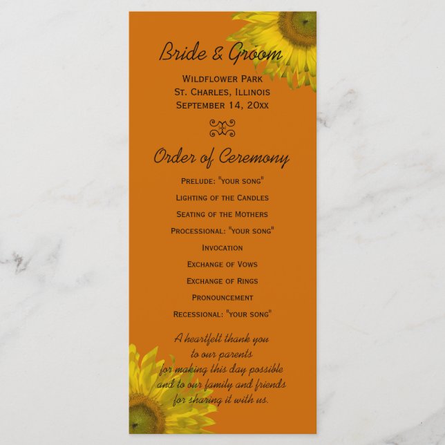 Programa de Boda Naranja de Girasol Amarillo (Anverso)