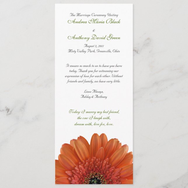 Programa de Boda naranja Gerbera Daisy (Anverso)