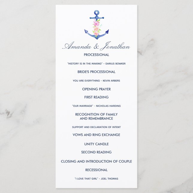 Programa de Boda Náutica Floral de Acuarela (Anverso)