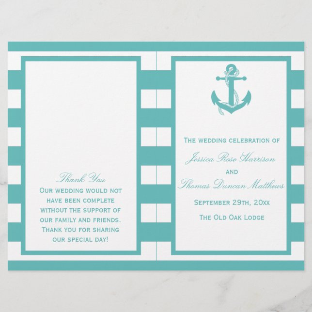 Programa de Boda Nautical Turquoise Stripe Anchor (Anverso)