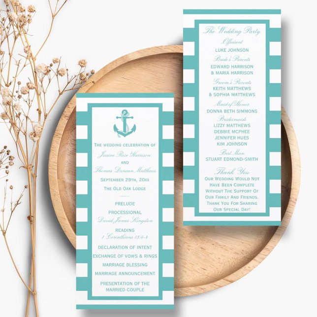 Programa de Boda Nautical Turquoise Stripe Anchor (Subido por el creador)