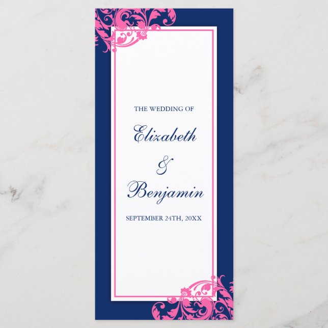 Programa de Boda Navy Blue and Pink Flourish Swirl (Anverso)