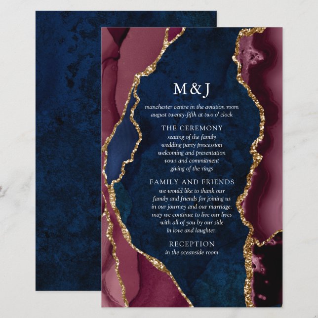 Programa de Boda Navy, Burgundy y Ágata Dorada (Anverso / Reverso)