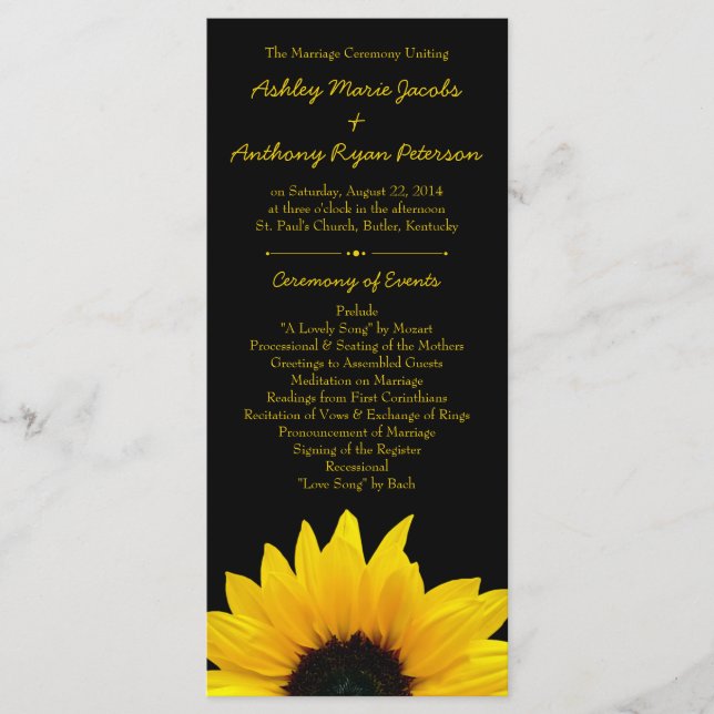 Programa de Boda Negra de Flor de Girasol Amarillo (Anverso)