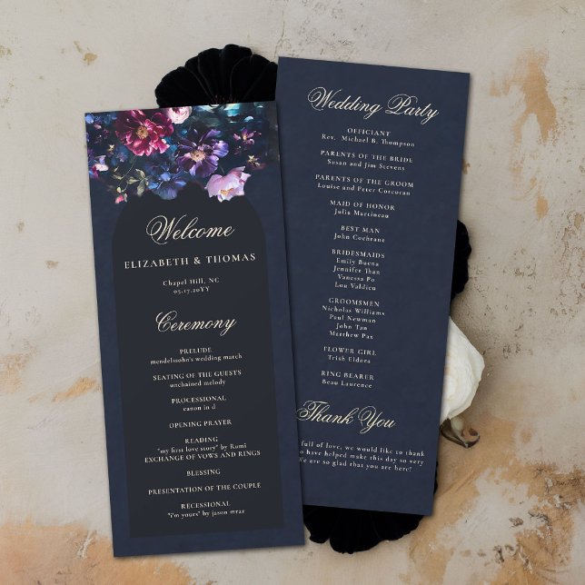 Programa de Boda Negra Romántica Moody Florals (dark moody wedding program ceremony purple black jewel tones dutch painting romantic gothic )