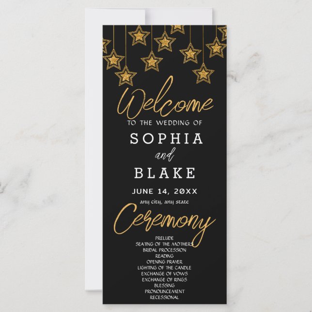 Programa de Boda Negro con Estrellas Doradas Colga (Anverso)