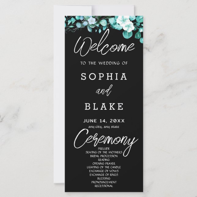 Programa de Boda Negro con Flores Blancas y Verdor (Anverso)
