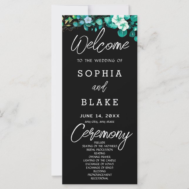 Programa de Boda Negro con Flores Blancas y Verdor (Anverso)