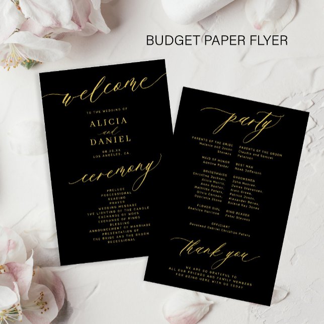 Programa de boda negro con guión dorado romántico  (Subido por el creador)