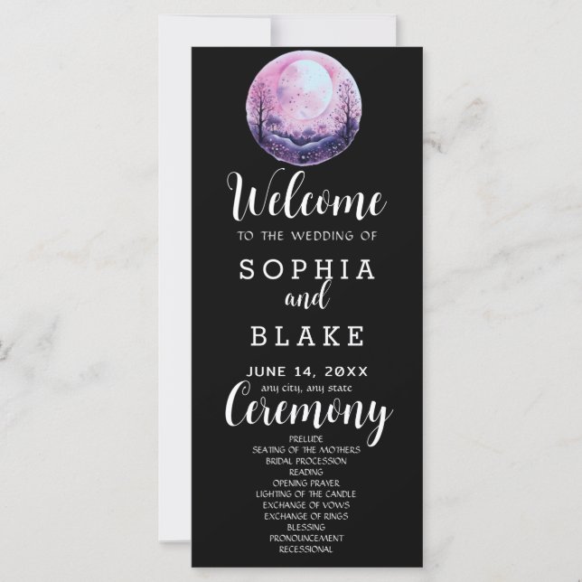 Programa de Boda Negro con Luna Llena Rosa y Blanc (Anverso)