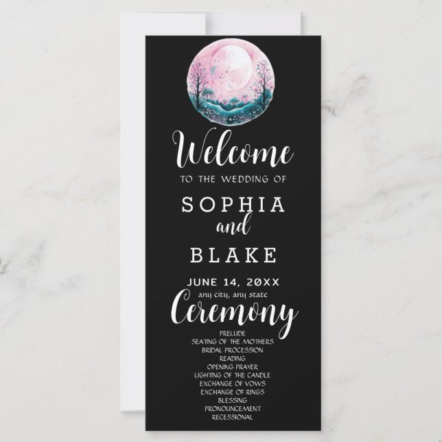 Programa de Boda Negro con Luna Llena Rosa y Blanc (Anverso)