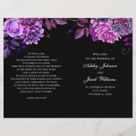 Programa de boda negro doblado. Flores púrpuras