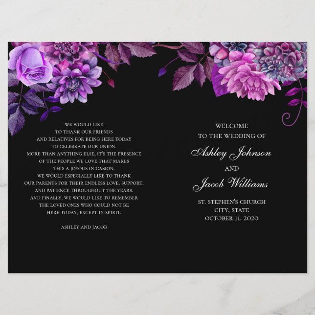 Programa de boda negro doblado. Flores púrpuras (Anverso)