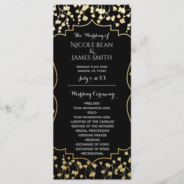 Programa de Boda Negro Floral con Aliento de Bebé  (Anverso)
