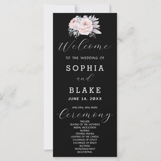 Programa de Boda Negro Floral Rosa Romántico (Anverso)
