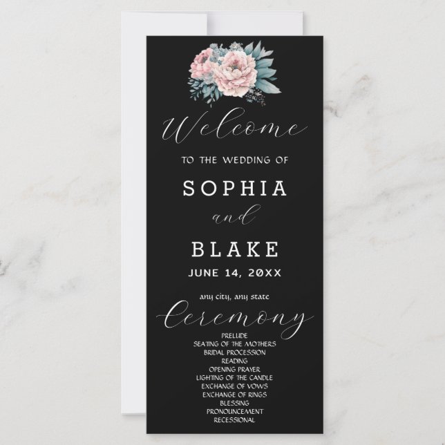 Programa de Boda Negro Floral Rosa Romántico (Anverso)
