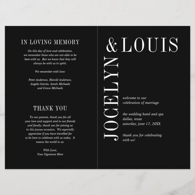 Programa de Boda Negro Moderno y Audaz (Frente)
