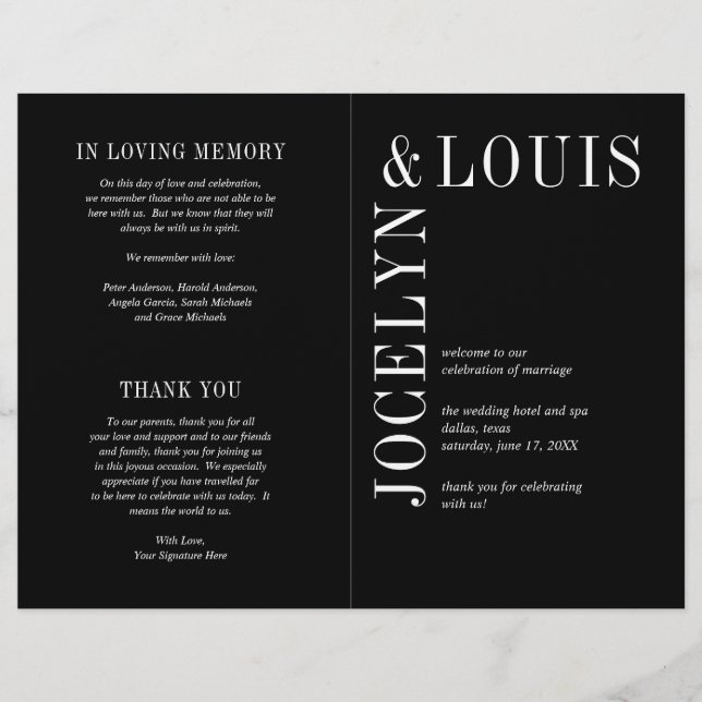 Programa de Boda Negro Moderno y Audaz (Frente)