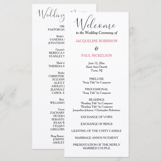Programa de Boda Negro Rosa Pastel (Anverso / Reverso)